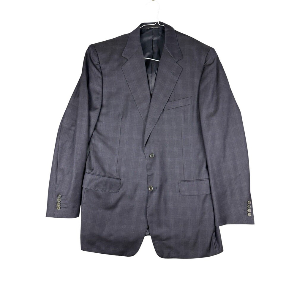 Canali Super 120s Wool Blazer 52L 42L Navy Plaid 2 Button Jacket